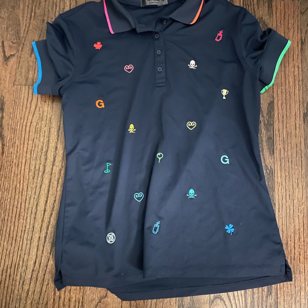 G/fore Navy Short Sleeve Polo with colorful G/fore logo accents